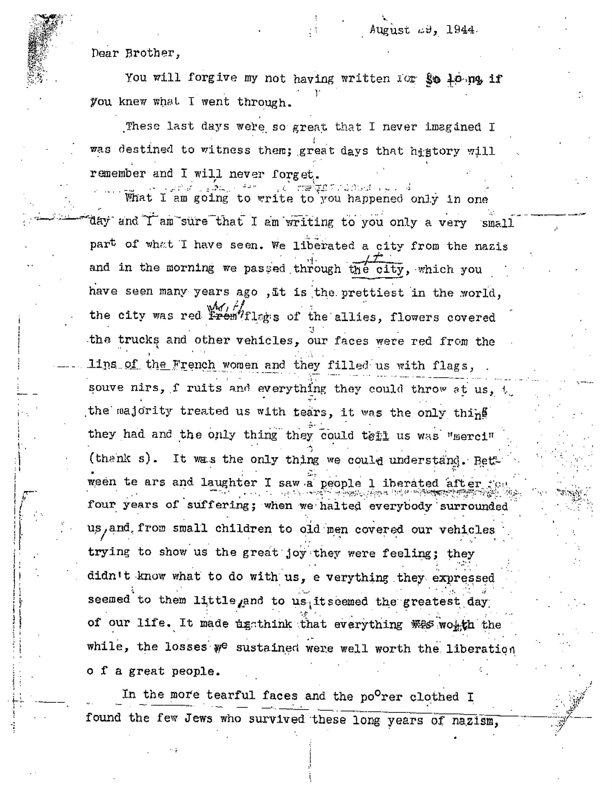Page 1 of Letter - August 1944 - Holocaust Remembrance Day 2020-2