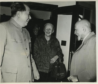 Black and white photo of Mao Zedong, Anna Louise Strong, and W. E. B. Du Bois, ca. 1959.