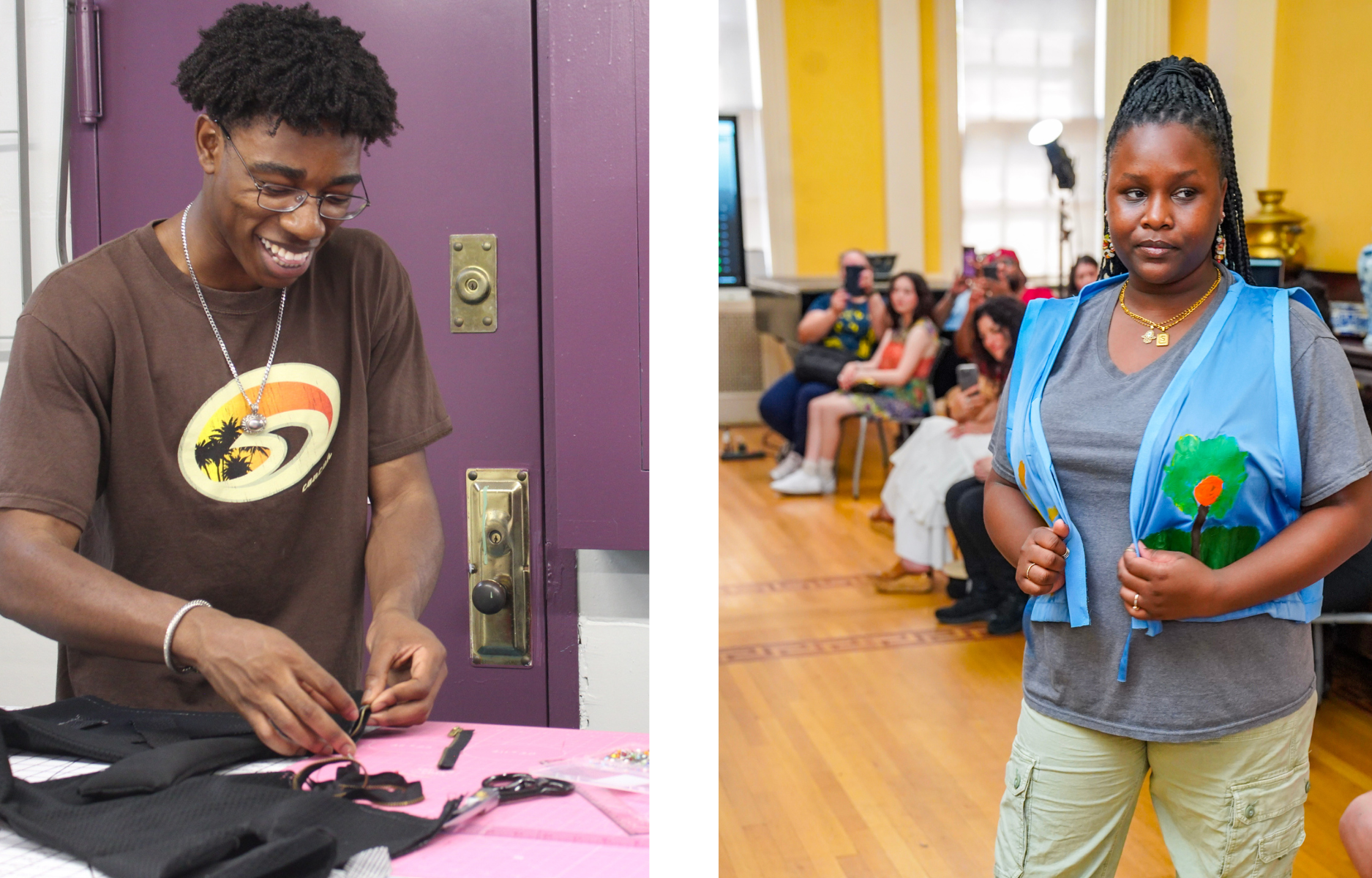 Two photos. One young person hand sews a garment. Sukilie walks down the runway in her own design. 