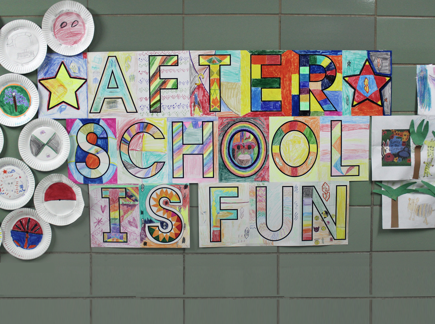 Banner reading 'After school is fun', made by children