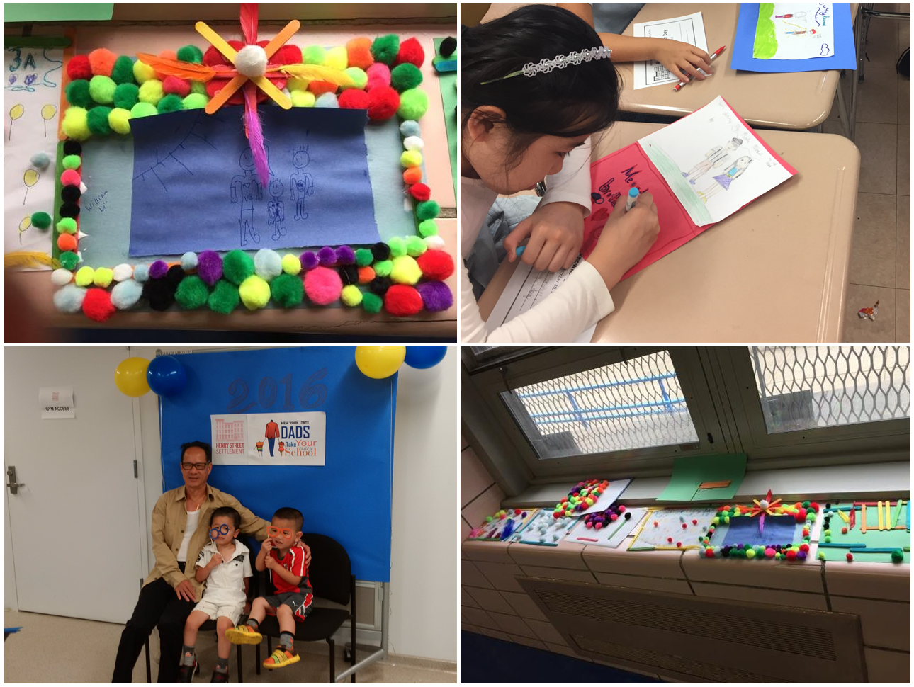 Collage of photos of Dad's Day crafts and family in photo booth at Early Childhood Education Center