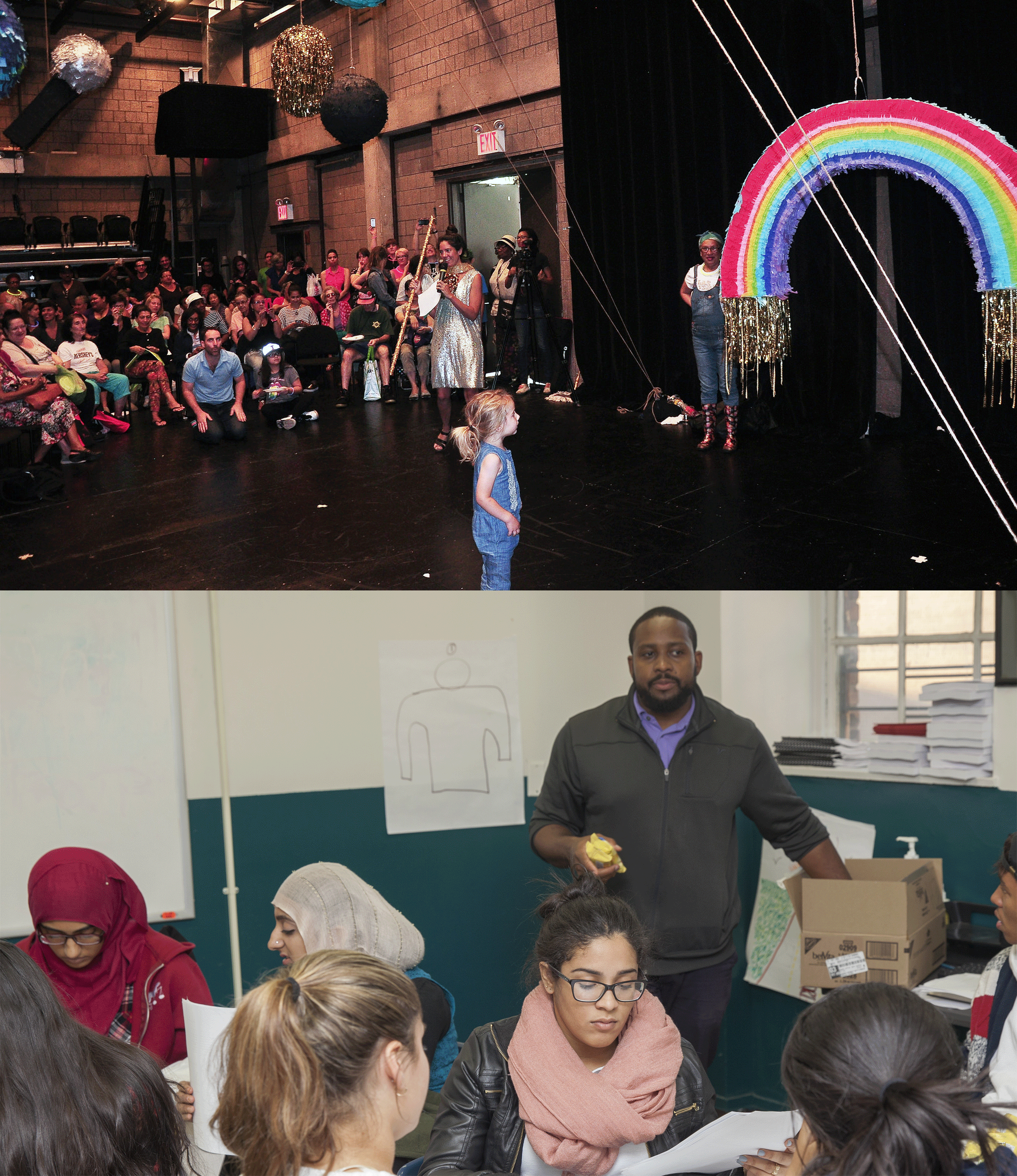 Collage of large group backstage, and students with teacher