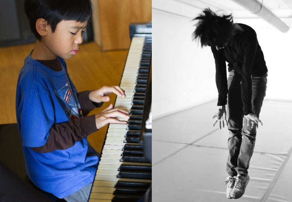 Collage of young boy playing piano and older person doing modern dance