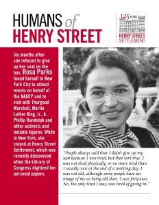 Humans of Henry Street profile of civil rights activist Rosa Parks, who visited Henry Street in the 1960s