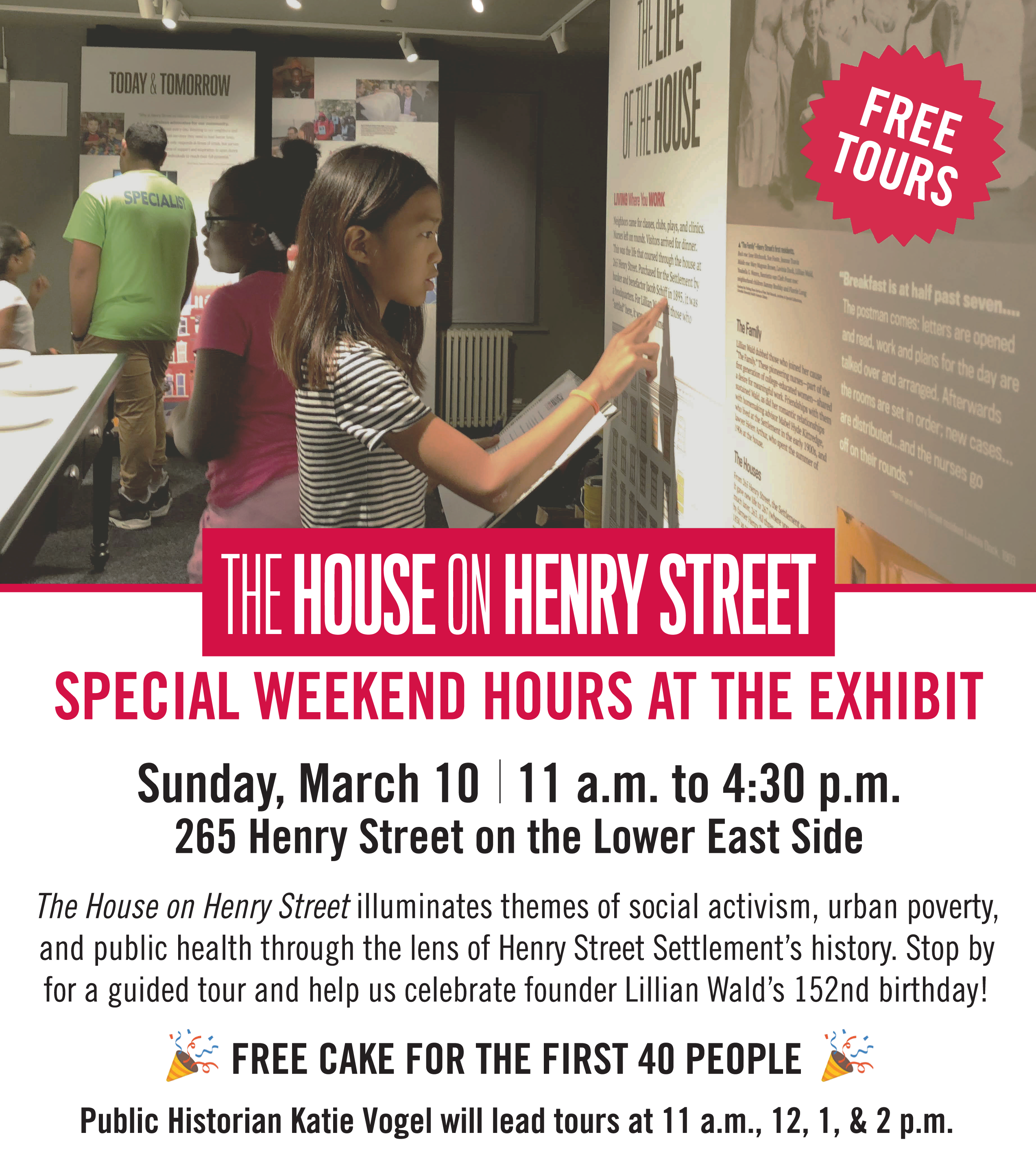Flyer advertising special weekend hours of House on Henry Street exhibition, March 2019