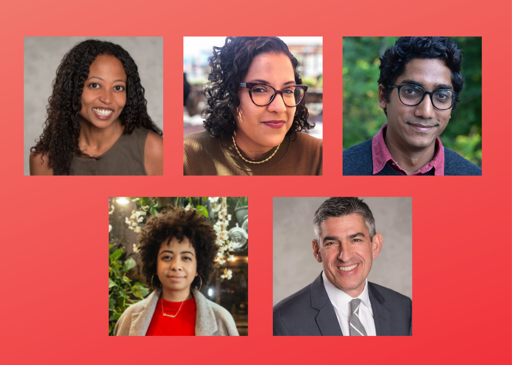Headshots of panelists on a red background